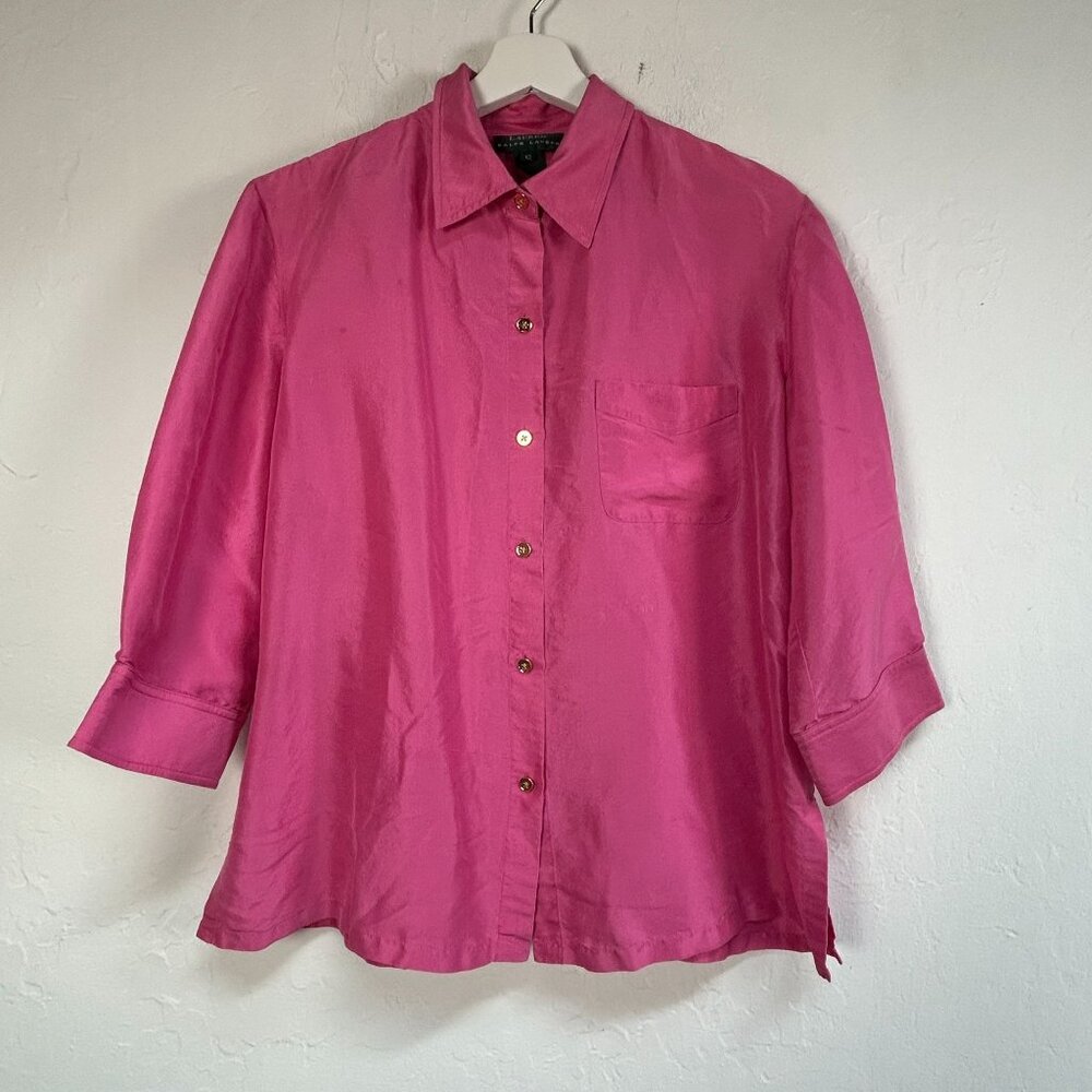 Lauren Ralph Lauren Womens Pink 100% Silk Button-Up Shirt Size 12 With Pocket